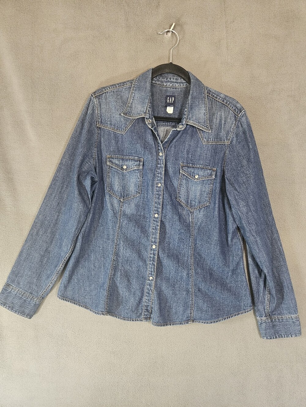 Vintage 90s Gap Women XL Jean Floral Snap Button Shirt Cowboy Western Dark Blue